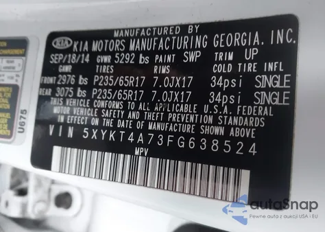 2015 Kia Sorento Lx V6 from USA, damaged, VIN 5XYKT4A73FG638524